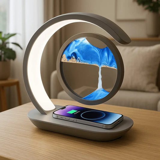 Modern desk lamp with wireless charging pad on a wooden surface