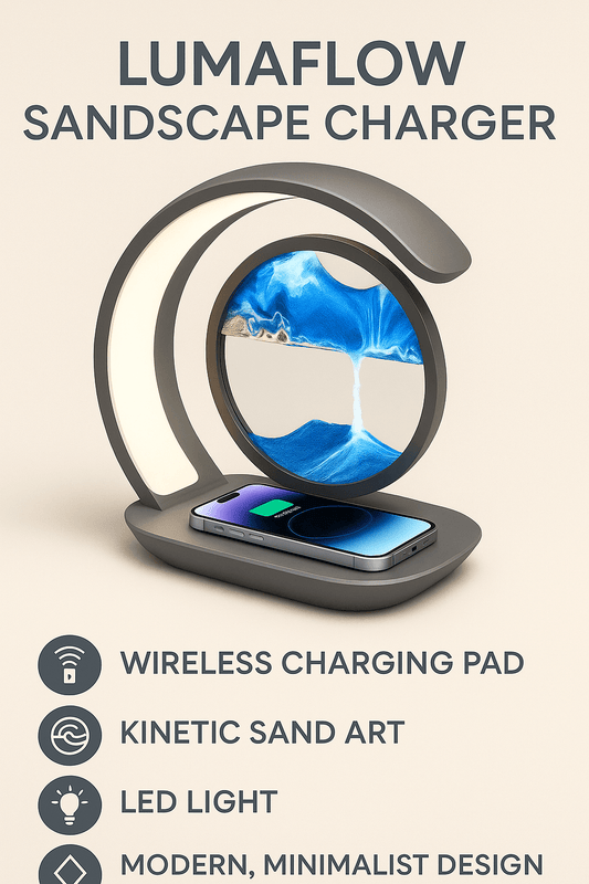 Lumaflow SandScape Charger with wireless charging pad, kinetic sand art, LED light, and modern design.