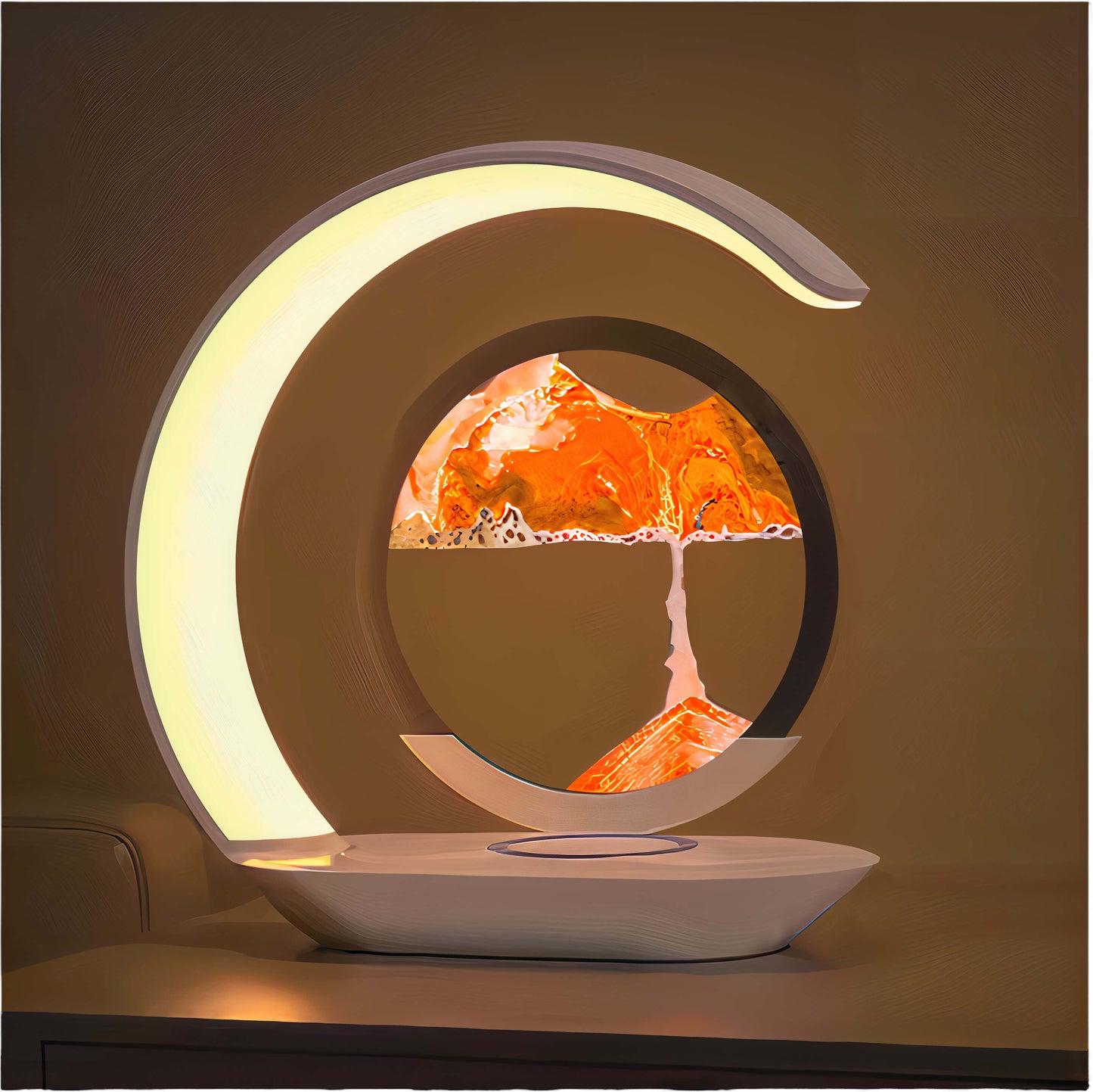 Decorative lamp with a curved design and orange interior on a brown background