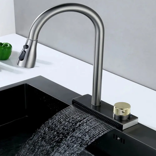 Modern kitchen faucet with water flowing into a black sink.