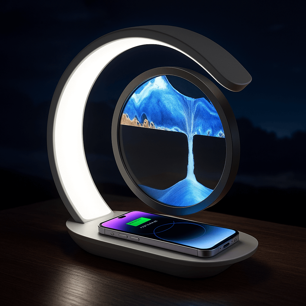Wireless charging stand with a smartphone on a dark background