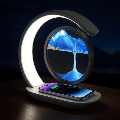 Wireless charging stand with a smartphone on a dark background