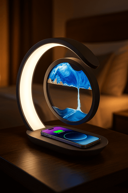 Modern night light with phone charging station on a wooden surface