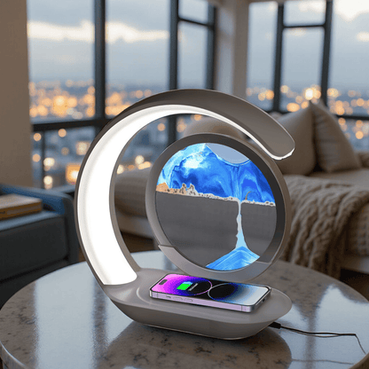 Modern desk lamp with phone charging station in a living room setting