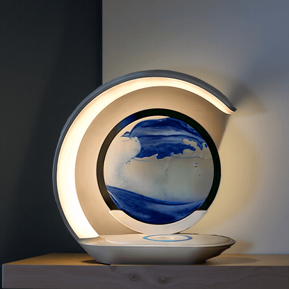 Modern decorative lamp with wave design on a wooden surface