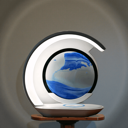 Modern decorative lamp with a blue and white design on a gray background