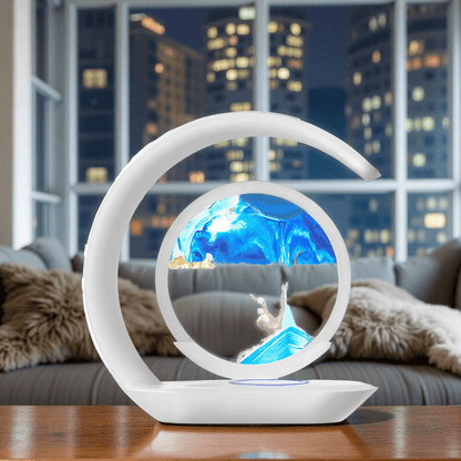Decorative lamp with blue light inside a spiral design on a table in a living room.