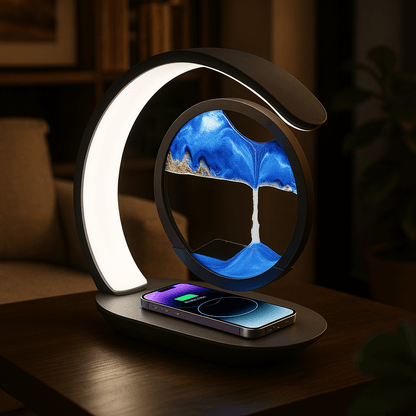 Modern desk lamp with smartphone charging pad on a dark surface