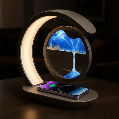 Modern night light with phone charging stand on a dark background