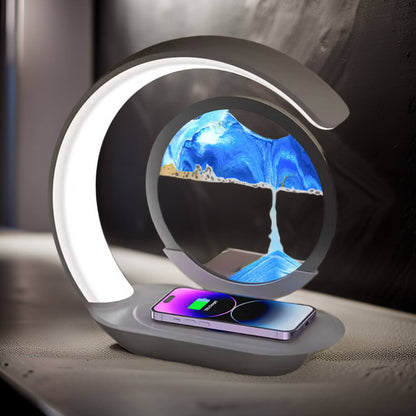 Modern desk lamp with wireless charging pad on a dark surface