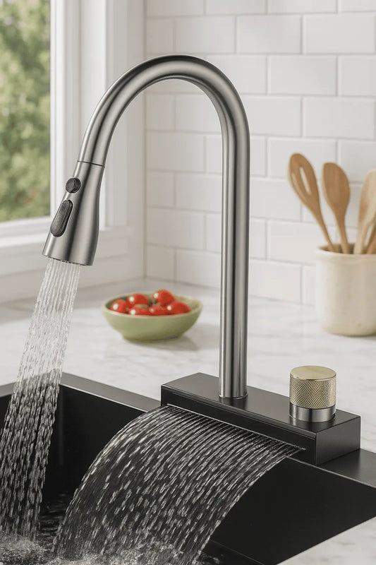 Modern kitchen faucet with water flowing into a sink, set against a kitchen backdrop.