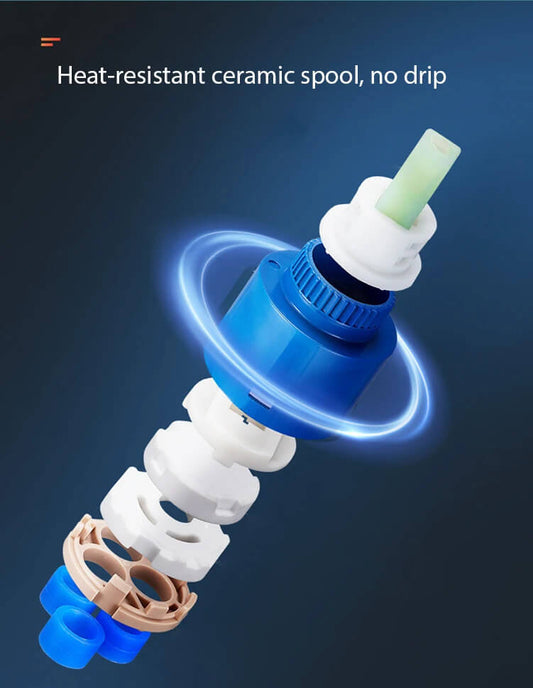 Heat-resistant ceramic spool with blue and white design on a dark background