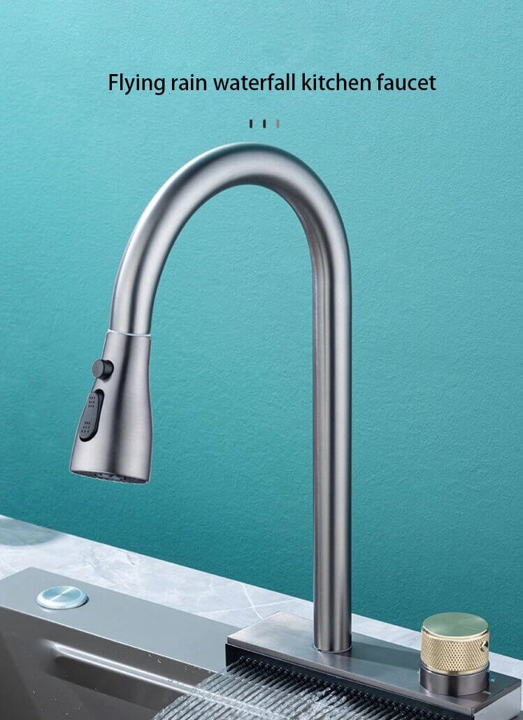 Stainless steel kitchen faucet with pull-down spray head on a teal background