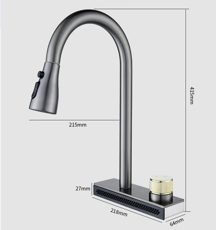 Chrome kitchen faucet with dimensions labeled on a white background