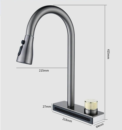 Chrome kitchen faucet with dimensions labeled on a white background