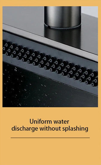 Close-up of a water faucet with uniform water discharge on a yellow background