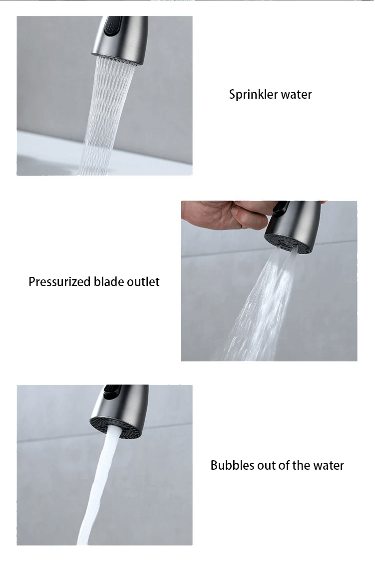 Three images showing different water flow patterns from a faucet labeled 'Sprinkler water', 'Pressurized blade outlet', and 'Bubbles out of the water'.