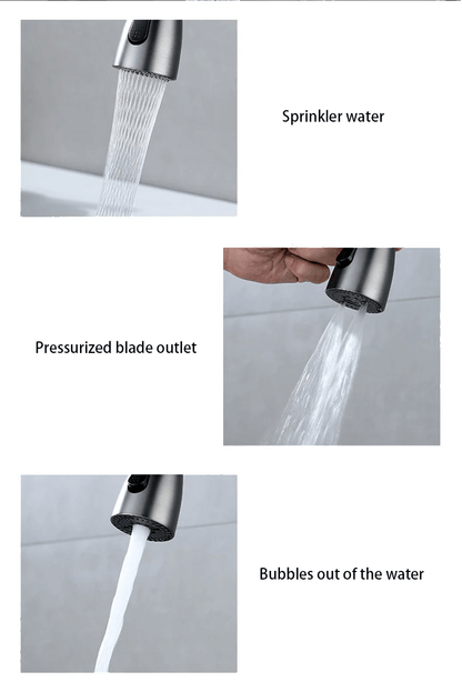 Three images showing different water flow patterns from a faucet labeled 'Sprinkler water', 'Pressurized blade outlet', and 'Bubbles out of the water'.